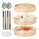MacaRio bamboo steamer basket 10 inch with two tiers for even steaming