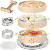 MacaRio bamboo steamer set with two tiers ideal for authentic dim sum steaming.