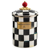 Mackenzie-Childs Courtly Check enamel canister close-up highlighting durable enamel and iconic pattern.