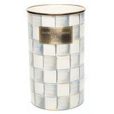 MACKENZIE-CHILDS enamel utensil holder in gray and white Sterling Check, front view for sleek countertop storage.