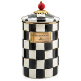 MacKenzie-Childs large enamel canister front view in Courtly Check for stylish pantry storage