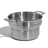 Made In pasta insert assembly on a stock pot promotes even heating.