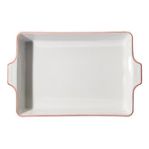 Made In rectangular baking dish with red rim ready for oven to table.