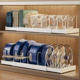 Magheo expandable lid rack shown in cabinet for organized storage and easy access.