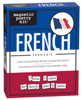Magnetic Poetry French Kit tiles close-up on fridge, ready to spark spontaneous poetry.