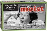 Magnetic Poetry Moist Kit tiles arranged for playful fridge poems and messages.