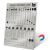 Magrooyar kitchen conversion chart magnet on fridge showing metric and imperial baking measurements.