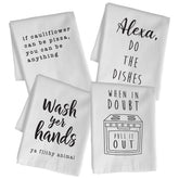MAINEVENT funny kitchen towel 4-pack front view shows soft cotton and playful sayings for daily use