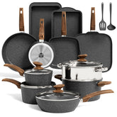 MAISON ARTS 17-piece pots and pans set displayed, versatile cookware for varied meals.