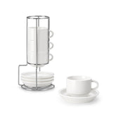 MALACASA espresso cups with saucers on a metal stand for elegant coffee service
