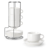 MALACASA espresso cups with saucers on a silver metal stand for elegant service