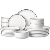 MALACASA LUNA 18-piece white dinner plates with black rim for everyday meals.