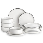 MALACASA Luna dinner plates in pristine white porcelain with a black rim, ideal for family dinners.