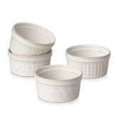 MALACASA ramekins with collection motifs elevate elegant dessert presentation.