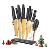 Marco Almond Gold Knife Set with Block KYA23 in an acrylic stand for organized cooking.