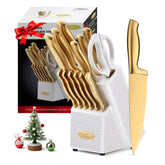 Marco Almond Gold Knife Set on a clean countertop showcases organized elegance and practical style.