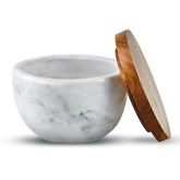 MarcZero large salt box with white marble base on kitchen counter.