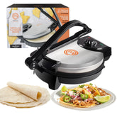 MasterChef electric tortilla maker front view with 10-inch tortillas ready for quick flatbreads