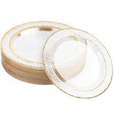 MATANA 20-pack clear plates with hammered gold rim elevate elegant dinner settings.