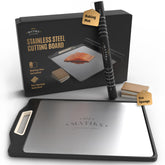 Matiks stainless steel cutting board dual‑sided for meat and produce.