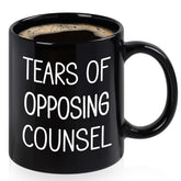Maustic Tears of Opposing Counsel mug front view with bold print for daily use.