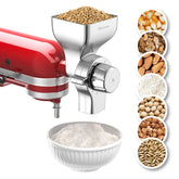 Mavouse all-metal grain mill attachment mounted on a KitchenAid mixer for durable grinding
