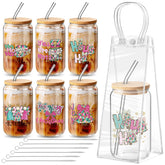 Maxdot pink Christmas glass cup with nutcracker design, lid and straw for festive sipping