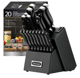McCook black knife set in block with built-in sharpener for convenient edge maintenance.