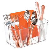 mDesign Lumiere clear cutlery organizer with handle keeps utensils neat and accessible.