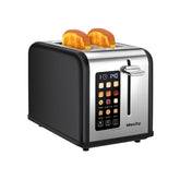 Mecity 2-slice toaster front view with touchscreen for precise browning.