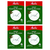Melitta 627402 wrap-around coffee filter packaging showing percolator compatibility and easy cleanup.