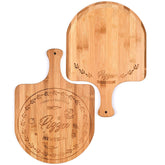 Menesia bamboo pizza peel with handle for easy oven-to-table transfers.