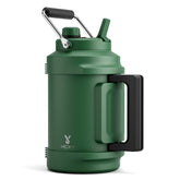 Meoky 1-gallon insulated bottle with a top handle for easy hiking transport.