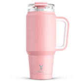 Meoky blush 32oz tumbler with handle for easy, secure grip.