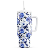Meoky 40 oz tumbler with handle and straw, blue rose, comfortable on-the-go hydration.
