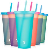 Meoky color-changing cups with lids and straws showing color shifts as drinks chill
