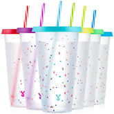 Meoky confetti color-changing cups reveal vibrant hues when filled with cold drinks.