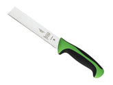 Mercer Culinary Millennia green knife blade close-up for precise cuts.