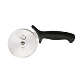 Mercer Culinary Millennia pizza cutter with black handle slicing precisely using a 4-inch wheel.