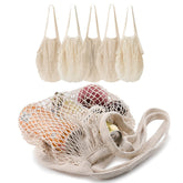 MERCURHOUSE cotton mesh bag with long handle for easy grocery carry.