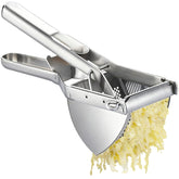 METLUCK potato ricer in action shows large capacity for quick fluffy mash.