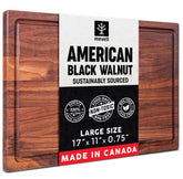 Mevell walnut cutting board top view showing grain and juice grooves for prep and serving.