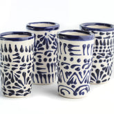 MEXTEQUIL Talavera shot glass with blue lace design, ideal for tequila tastings.