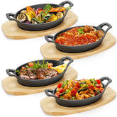 Mezchi four-pack mini cast iron fajita skillets top view, ready for sizzling meals