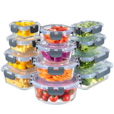 MFY 12-pack glass storage containers with lids for organized meal prep and leftovers.