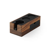 MHW-3BOMBER walnut espresso tamping station with magnetic drawer for organized tool storage.
