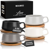 MIAMIO Luxe Collection ceramic tea cup with wooden saucer for elegant everyday sipping.