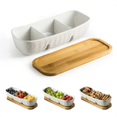 Miamolo chip and dip tray in acacia wood for stylish entertaining and easy serving.