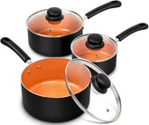 MICHELANGELO nonstick saucepan set front view showcases versatile everyday cookware for quick meals