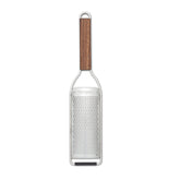Microplane Master Series wood handle cheese grater with stainless steel frame for precise cheese grating.